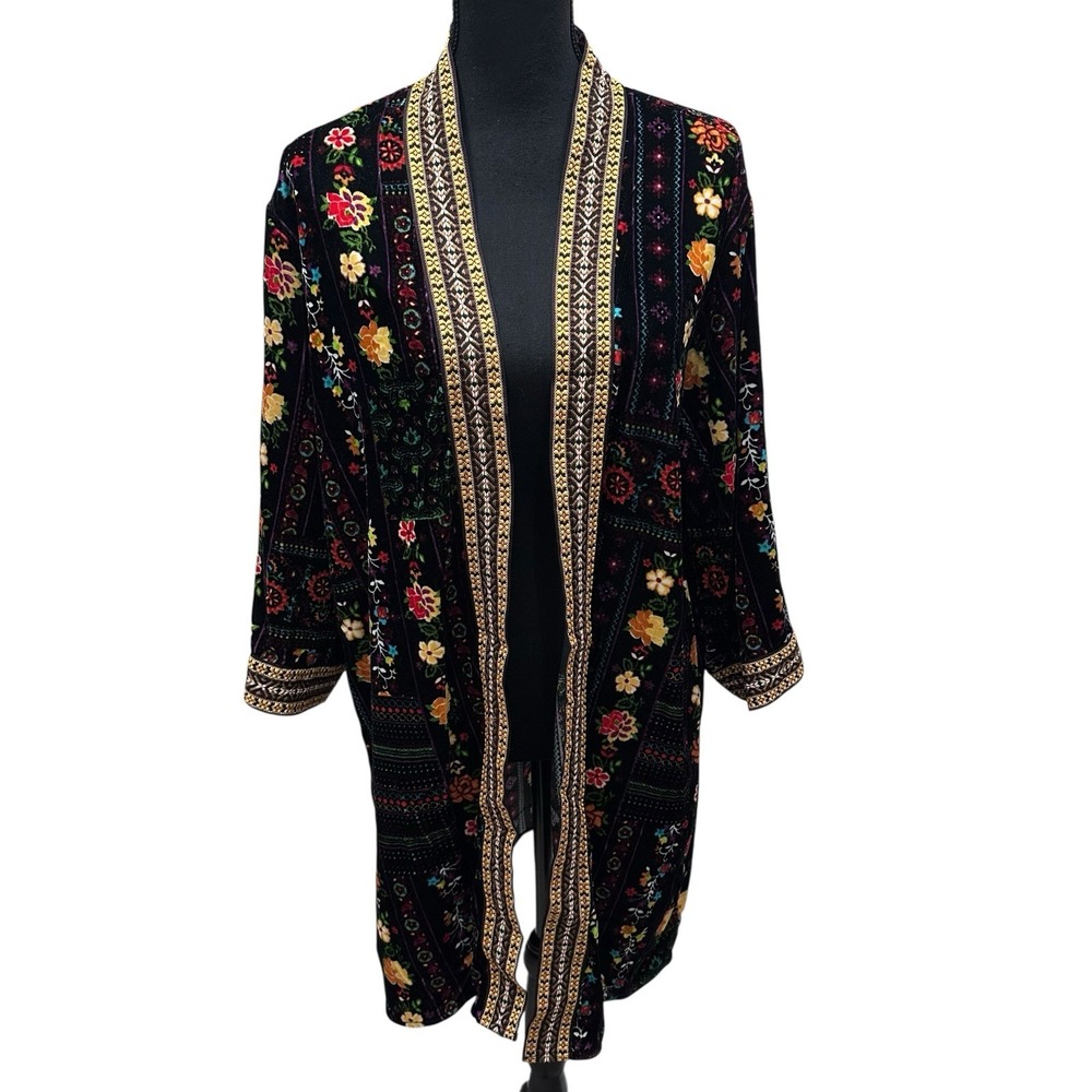 The Pioneer Women Velvet Floral Colorful Embroidered Kimono Sz S/M‎ Boho Hippie